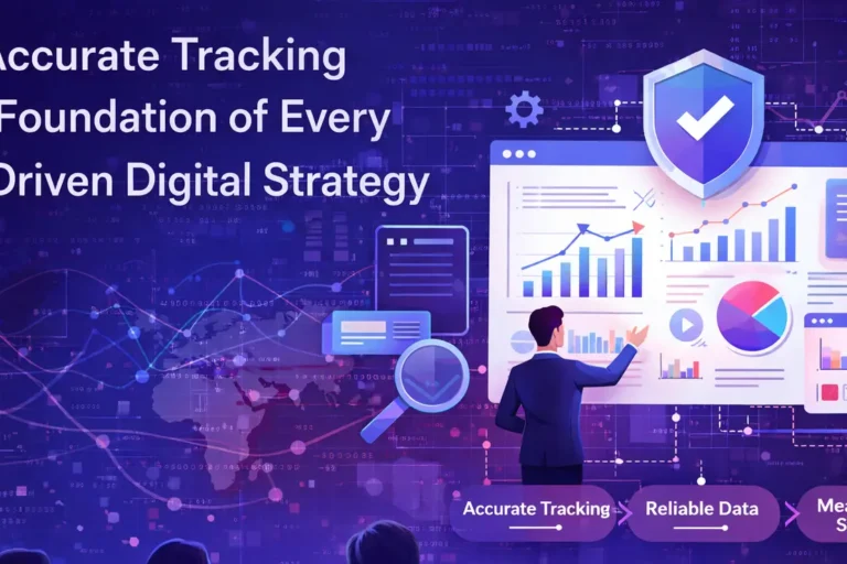Illustration showing accurate tracking as the foundation of a data-driven digital strategy, connecting analytics, reporting dashboards, and reliable business insights.