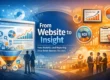 Illustration showing website analytics transforming user behavior data into actionable business insights, featuring dashboards, charts, ROI metrics, and teams analyzing performance to drive better business decisions.