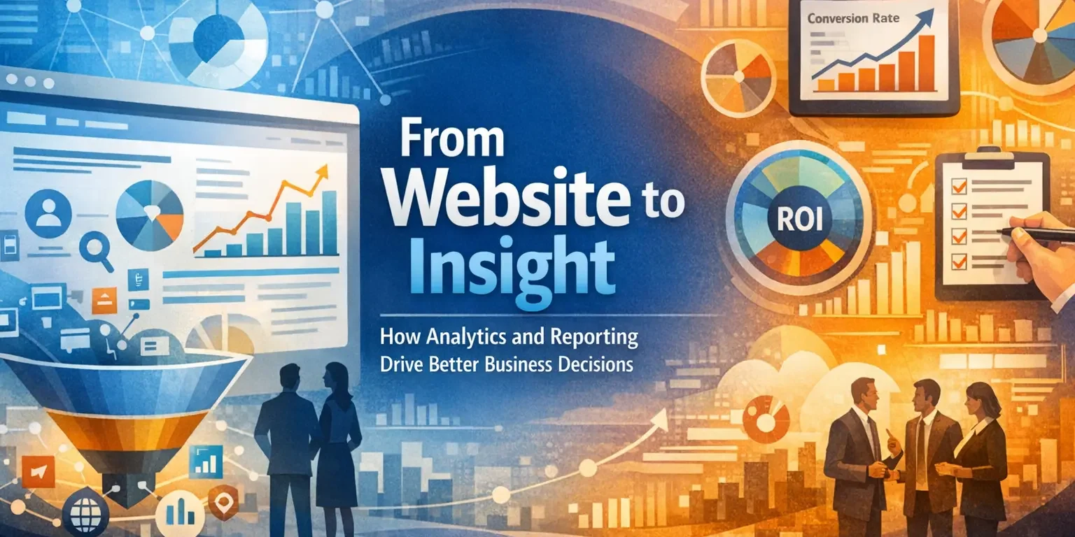 From Website to Insight: Analytics and Reporting Driving Smarter Business Decisions Illustration showing website analytics transforming user behavior data into actionable business insights, featuring dashboards, charts, ROI metrics, and teams analyzing performance to drive better business decisions.