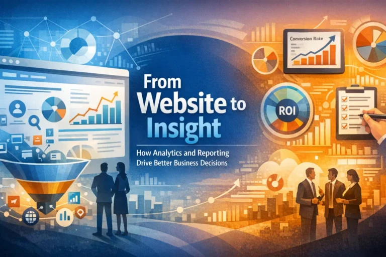 Illustration showing website analytics transforming user behavior data into actionable business insights, featuring dashboards, charts, ROI metrics, and teams analyzing performance to drive better business decisions.