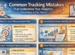 Infographic illustrating common analytics tracking mistakes and how to fix them, including unclear measurement plans, inconsistent event naming, broken tracking, over-reliance on default metrics, data discrepancies across platforms, and treating analytics as a one-time setup.