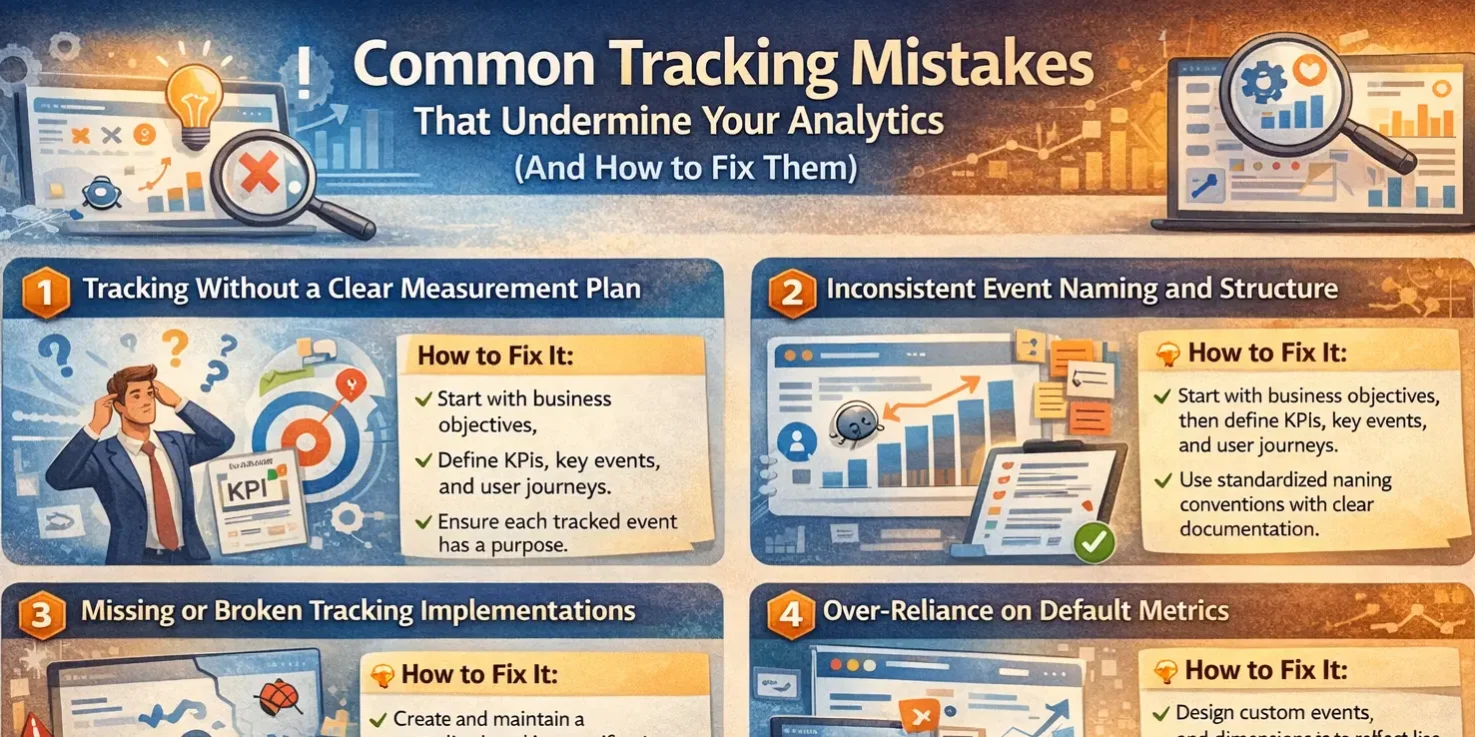 Common Tracking Mistakes That Undermine Your Analytics (And How to Fix Them) Infographic illustrating common analytics tracking mistakes and how to fix them, including unclear measurement plans, inconsistent event naming, broken tracking, over-reliance on default metrics, data discrepancies across platforms, and treating analytics as a one-time setup.