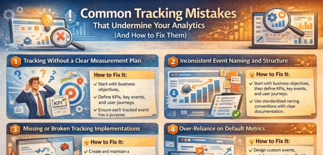 Common Tracking Mistakes That Undermine Your Analytics (And How to Fix Them) Infographic illustrating common analytics tracking mistakes and how to fix them, including unclear measurement plans, inconsistent event naming, broken tracking, over-reliance on default metrics, data discrepancies across platforms, and treating analytics as a one-time setup.