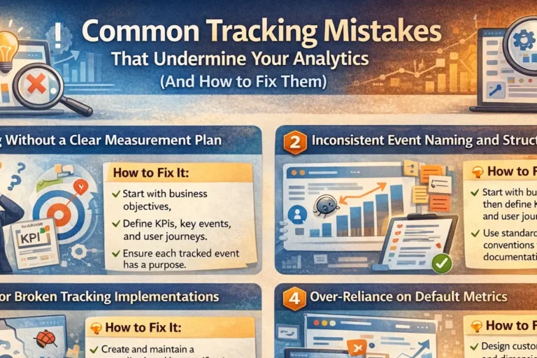 Infographic illustrating common analytics tracking mistakes and how to fix them, including unclear measurement plans, inconsistent event naming, broken tracking, over-reliance on default metrics, data discrepancies across platforms, and treating analytics as a one-time setup.