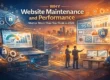 Futuristic illustration showing website maintenance and performance in 2026, featuring dashboards with Core Web Vitals scores, security and performance icons, servers, and teams monitoring website stability, speed, and reliability as part of digital strategy.