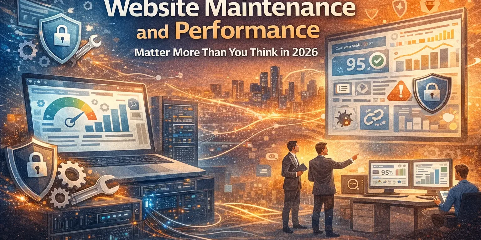 Why Website Maintenance and Performance Matter More Than You Think in 2026 Futuristic illustration showing website maintenance and performance in 2026, featuring dashboards with Core Web Vitals scores, security and performance icons, servers, and teams monitoring website stability, speed, and reliability as part of digital strategy.