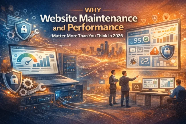 Why Website Maintenance and Performance Matter More Than You Think in 2026 Futuristic illustration showing website maintenance and performance in 2026, featuring dashboards with Core Web Vitals scores, security and performance icons, servers, and teams monitoring website stability, speed, and reliability as part of digital strategy.