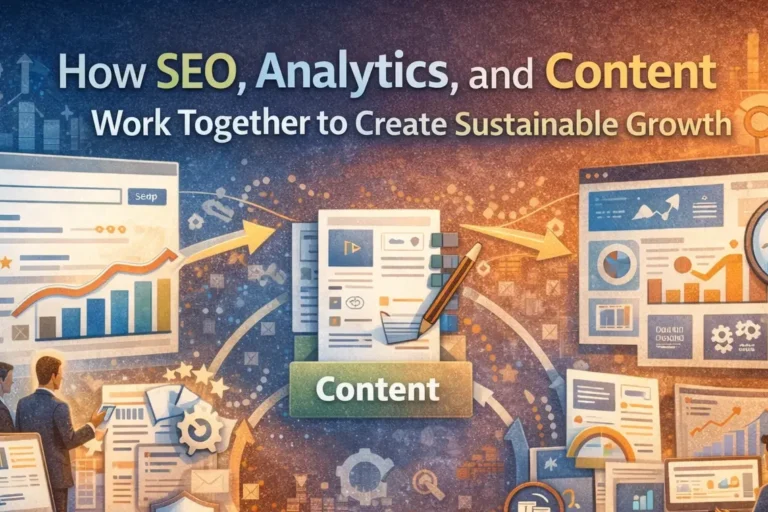 Illustration showing how SEO, content, and analytics work together as a connected ecosystem, featuring search results, content creation, analytics dashboards, and a feedback loop driving sustainable digital growth.