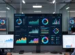 Team monitoring advanced analytics dashboards with real-time charts, AI-driven insights, and performance metrics on multiple screens, illustrating modern analytics and reporting trends in 2026.