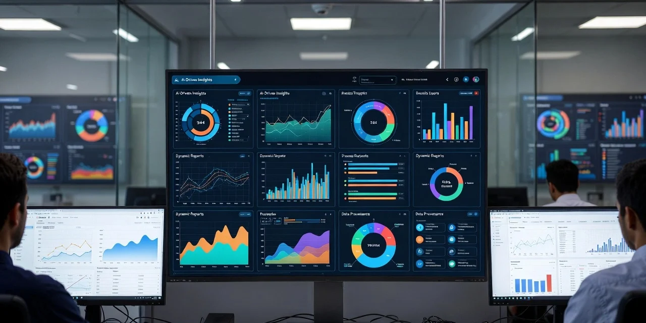 Team monitoring advanced analytics dashboards with real-time charts, AI-driven insights, and performance metrics on multiple screens, illustrating modern analytics and reporting trends in 2026.