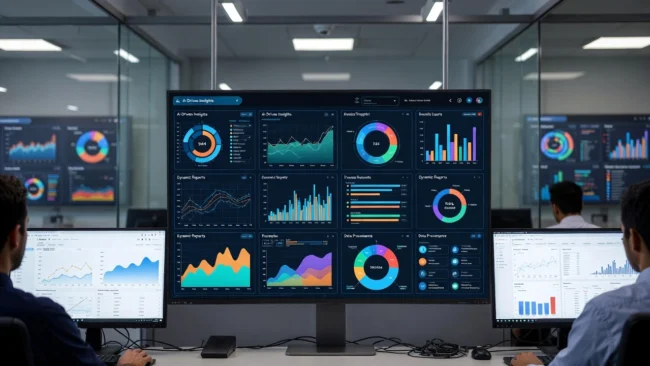 Analytics and Reporting Trends in 2026: From GA4 to AI-Driven Insights Team monitoring advanced analytics dashboards with real-time charts, AI-driven insights, and performance metrics on multiple screens, illustrating modern analytics and reporting trends in 2026.