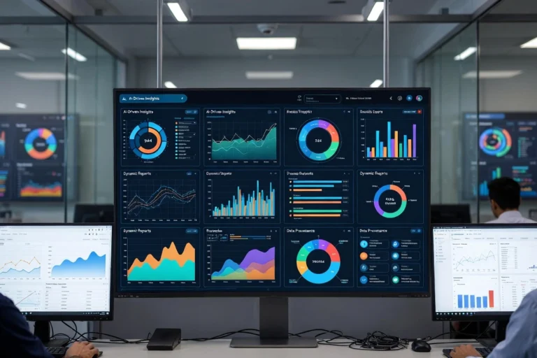 Team monitoring advanced analytics dashboards with real-time charts, AI-driven insights, and performance metrics on multiple screens, illustrating modern analytics and reporting trends in 2026.