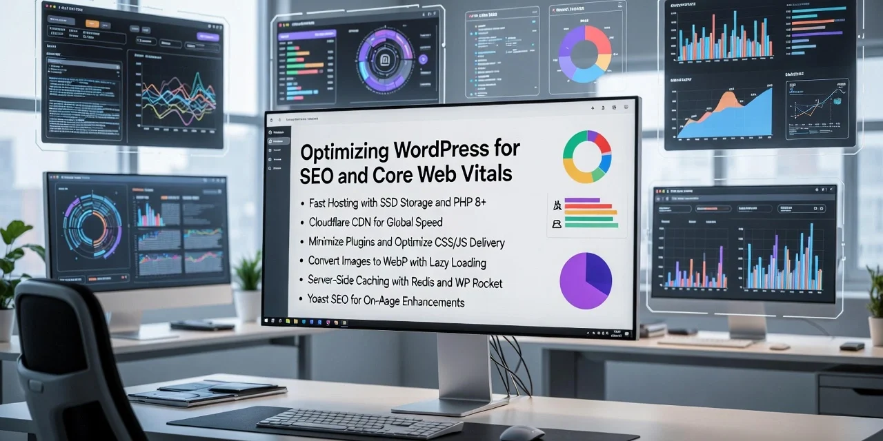 Workspace showing WordPress optimization for SEO and Core Web Vitals, with performance dashboards, charts, and metrics for speed, stability, and responsiveness displayed on multiple screens.
