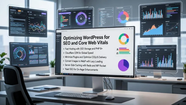 How to Optimize WordPress for SEO and Core Web Vitals Workspace showing WordPress optimization for SEO and Core Web Vitals, with performance dashboards, charts, and metrics for speed, stability, and responsiveness displayed on multiple screens.