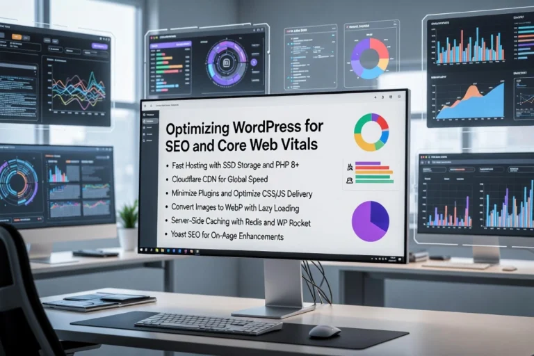 Workspace showing WordPress optimization for SEO and Core Web Vitals, with performance dashboards, charts, and metrics for speed, stability, and responsiveness displayed on multiple screens.