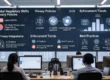 Team monitoring a large dashboard displaying global privacy regulations, consent management, AI-privacy integrations, and enforcement trends for 2026, highlighting compliance and data protection strategies in a modern office environment.