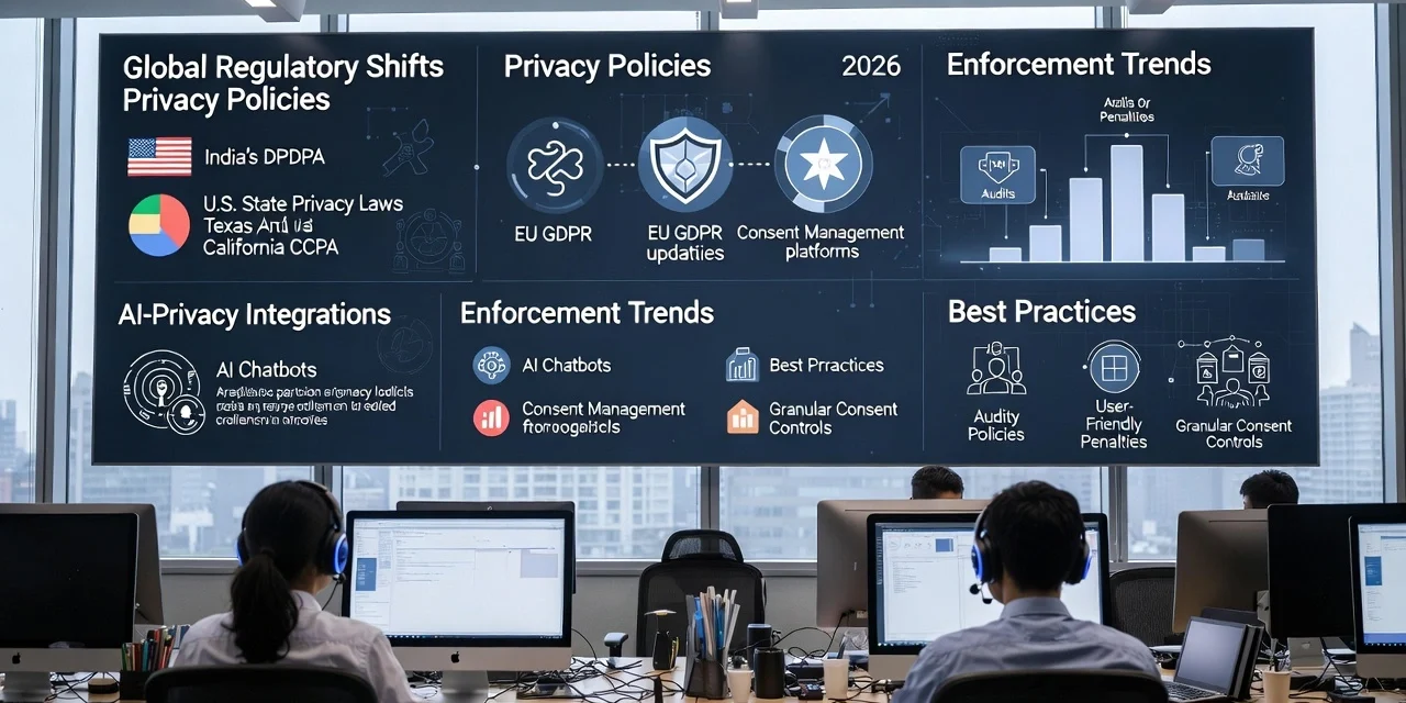 Privacy Policies and Consent Management Trends in 2026 Team monitoring a large dashboard displaying global privacy regulations, consent management, AI-privacy integrations, and enforcement trends for 2026, highlighting compliance and data protection strategies in a modern office environment.