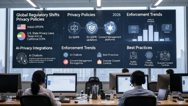 Privacy Policies and Consent Management Trends in 2026 Team monitoring a large dashboard displaying global privacy regulations, consent management, AI-privacy integrations, and enforcement trends for 2026, highlighting compliance and data protection strategies in a modern office environment.