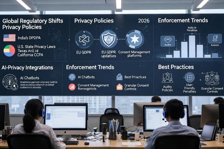 Team monitoring a large dashboard displaying global privacy regulations, consent management, AI-privacy integrations, and enforcement trends for 2026, highlighting compliance and data protection strategies in a modern office environment.