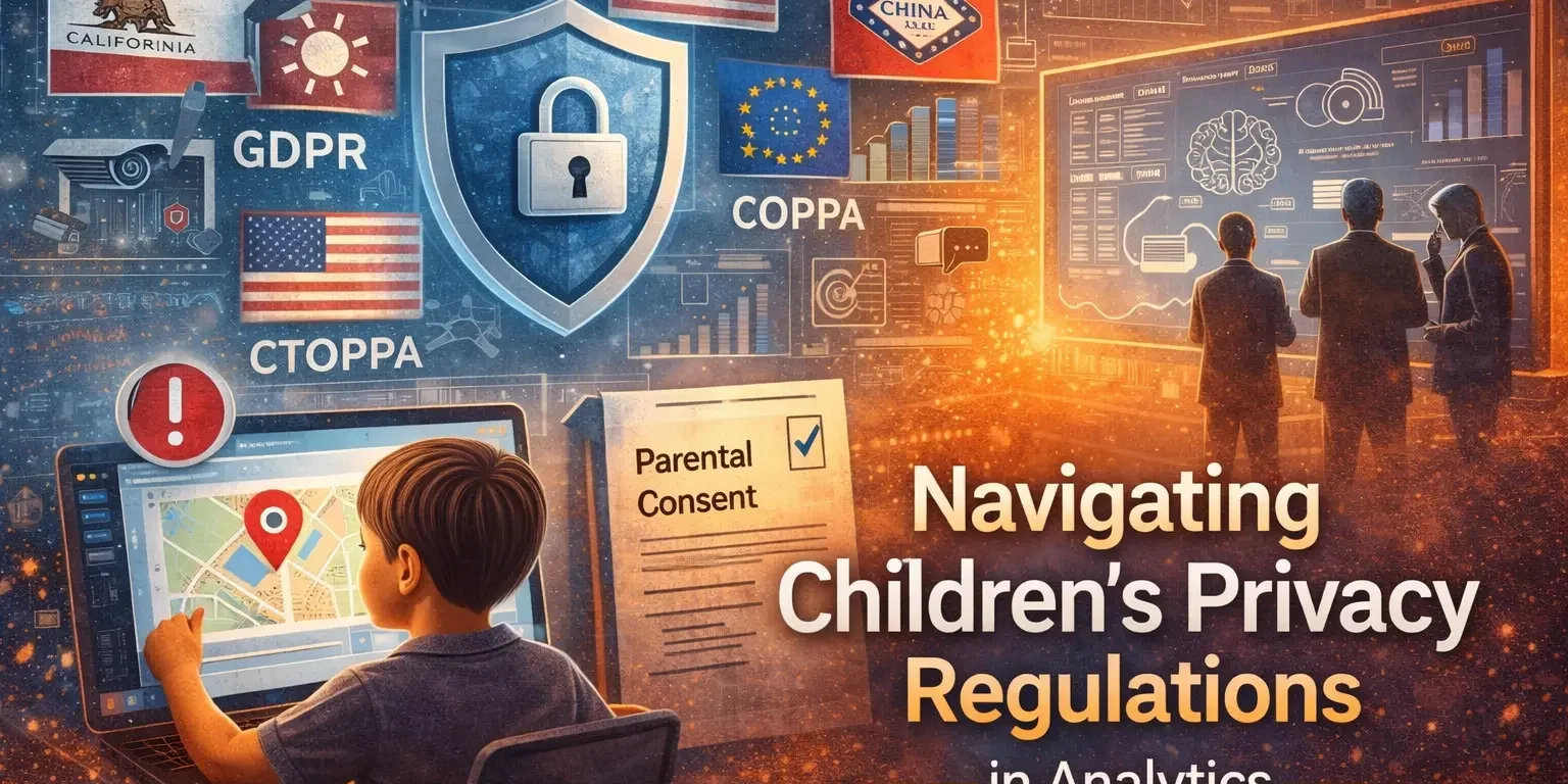 A modern digital banner featuring the text "NEWS 2026" at the top, followed by key privacy regulation acronyms such as GDPR, COPPA, CTOPPA, and the phrase "Parental Consent," with the headline "Navigating Children's Privacy Regulations in Analytics" prominently displayed below. The design uses a clean, professional layout with contrasting text against a subtle background.