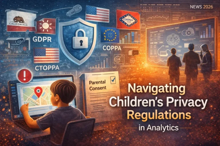 A modern digital banner featuring the text "NEWS 2026" at the top, followed by key privacy regulation acronyms such as GDPR, COPPA, CTOPPA, and the phrase "Parental Consent," with the headline "Navigating Children's Privacy Regulations in Analytics" prominently displayed below. The design uses a clean, professional layout with contrasting text against a subtle background.