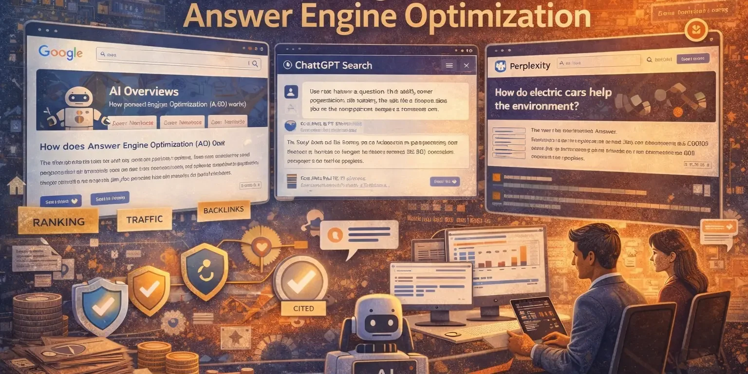 An infographic titled "Transitioning from SEO to Answer Engine Optimization" showing a comparison between traditional SEO elements (such as Ranking, Traffic, Backlinks) and Answer Engine Optimization components (including Cited sources and AI-powered answers). Visual elements include icons for Google AI Overviews, ChatGPT Search, and Perplexity, with flowcharts illustrating how AEO processes user queries to deliver direct answers.