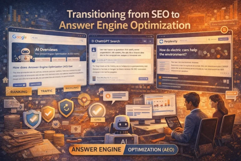 An infographic titled "Transitioning from SEO to Answer Engine Optimization" showing a comparison between traditional SEO elements (such as Ranking, Traffic, Backlinks) and Answer Engine Optimization components (including Cited sources and AI-powered answers). Visual elements include icons for Google AI Overviews, ChatGPT Search, and Perplexity, with flowcharts illustrating how AEO processes user queries to deliver direct answers.