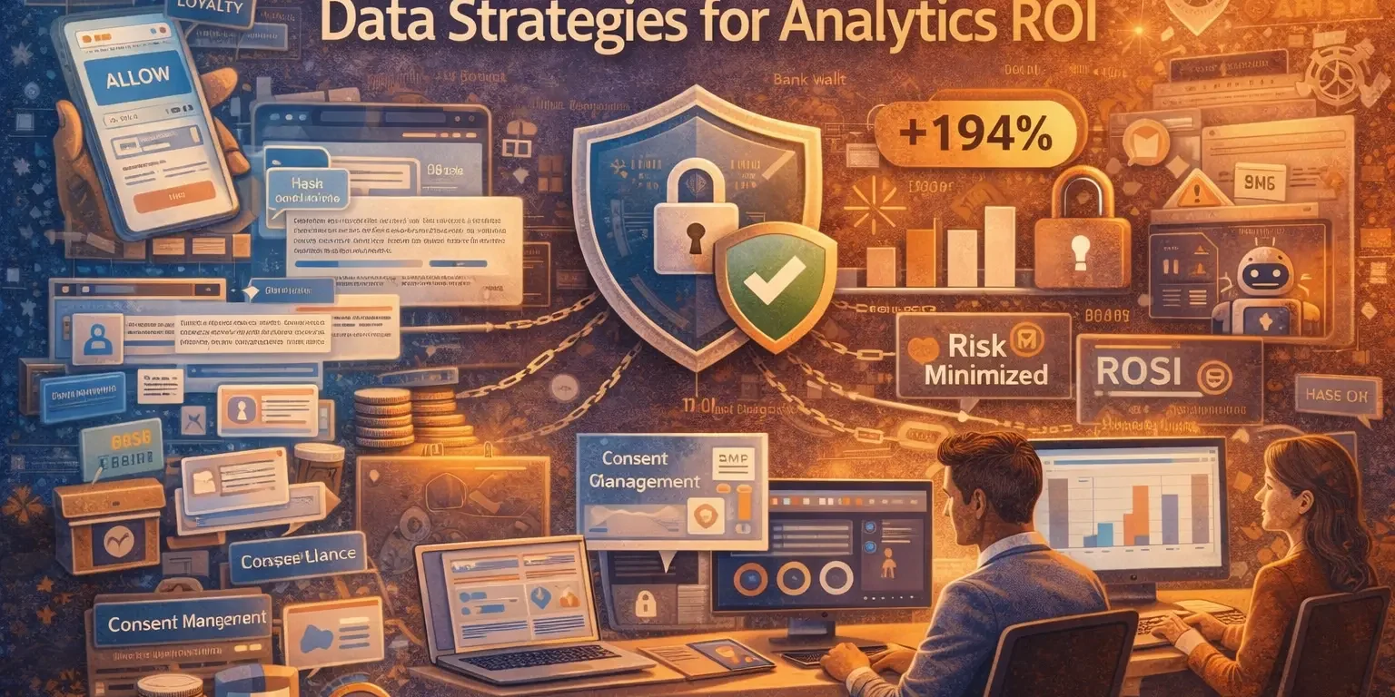 An infographic titled "Privacy-First Data Strategies for Analytics ROI" illustrating a roadmap with five key steps: Prioritize First-Party Data, Implement Governance & Minimization, Leverage Advanced Attribution, Foster Collaboration, and Future-Proof with AI. Visual elements include icons representing data collection, governance shields, attribution models, team collaboration, and AI integration, alongside upward-trending ROI graphs and metrics such as 194% ROI and 28% cost reduction.