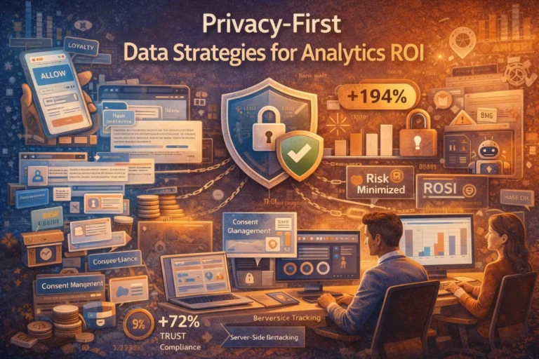 An infographic titled "Privacy-First Data Strategies for Analytics ROI" illustrating a roadmap with five key steps: Prioritize First-Party Data, Implement Governance & Minimization, Leverage Advanced Attribution, Foster Collaboration, and Future-Proof with AI. Visual elements include icons representing data collection, governance shields, attribution models, team collaboration, and AI integration, alongside upward-trending ROI graphs and metrics such as 194% ROI and 28% cost reduction.